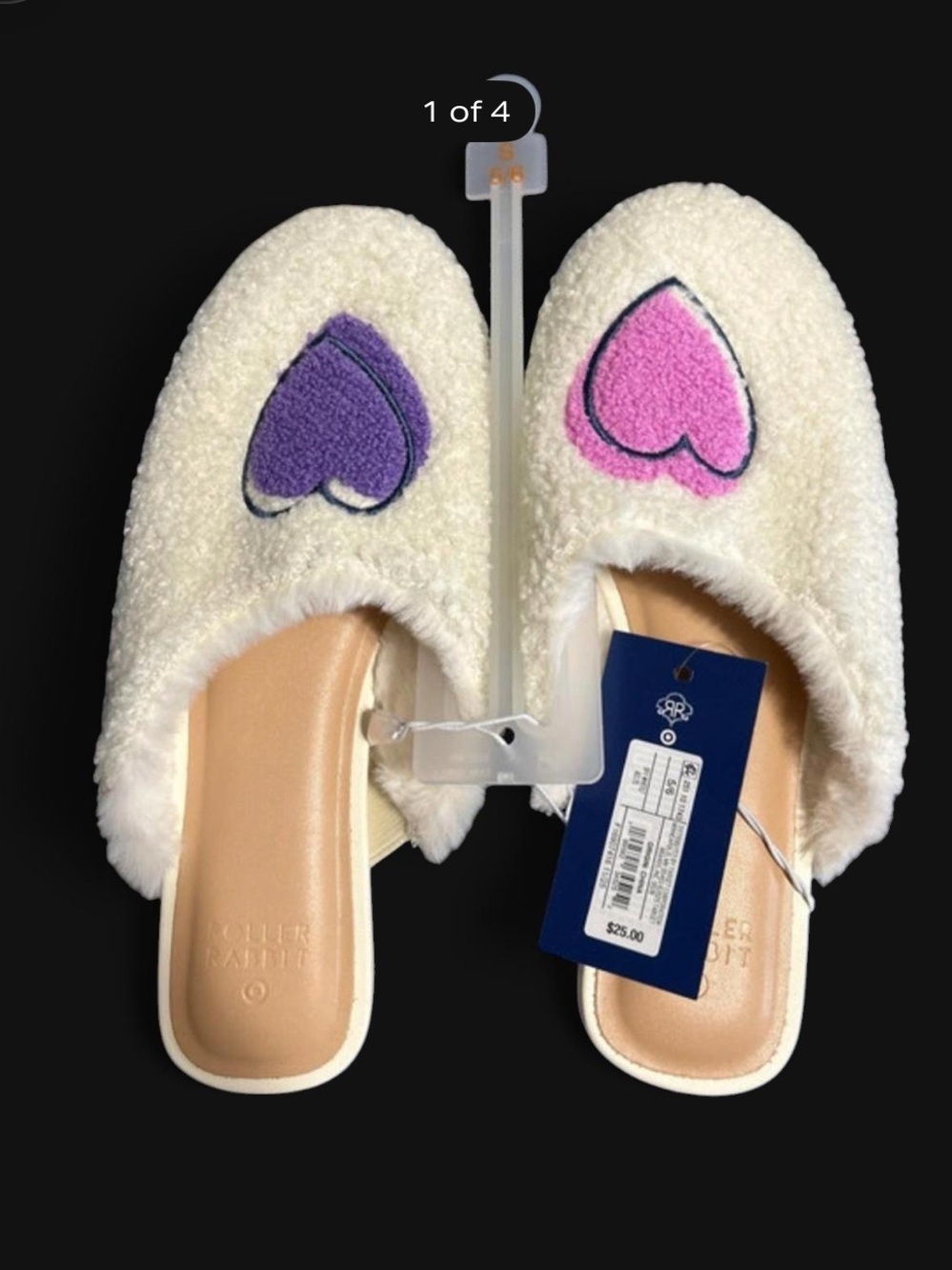 Roller Rabbit Cream Fuzzy Slippers with Pink & Purple Heart Appliqués